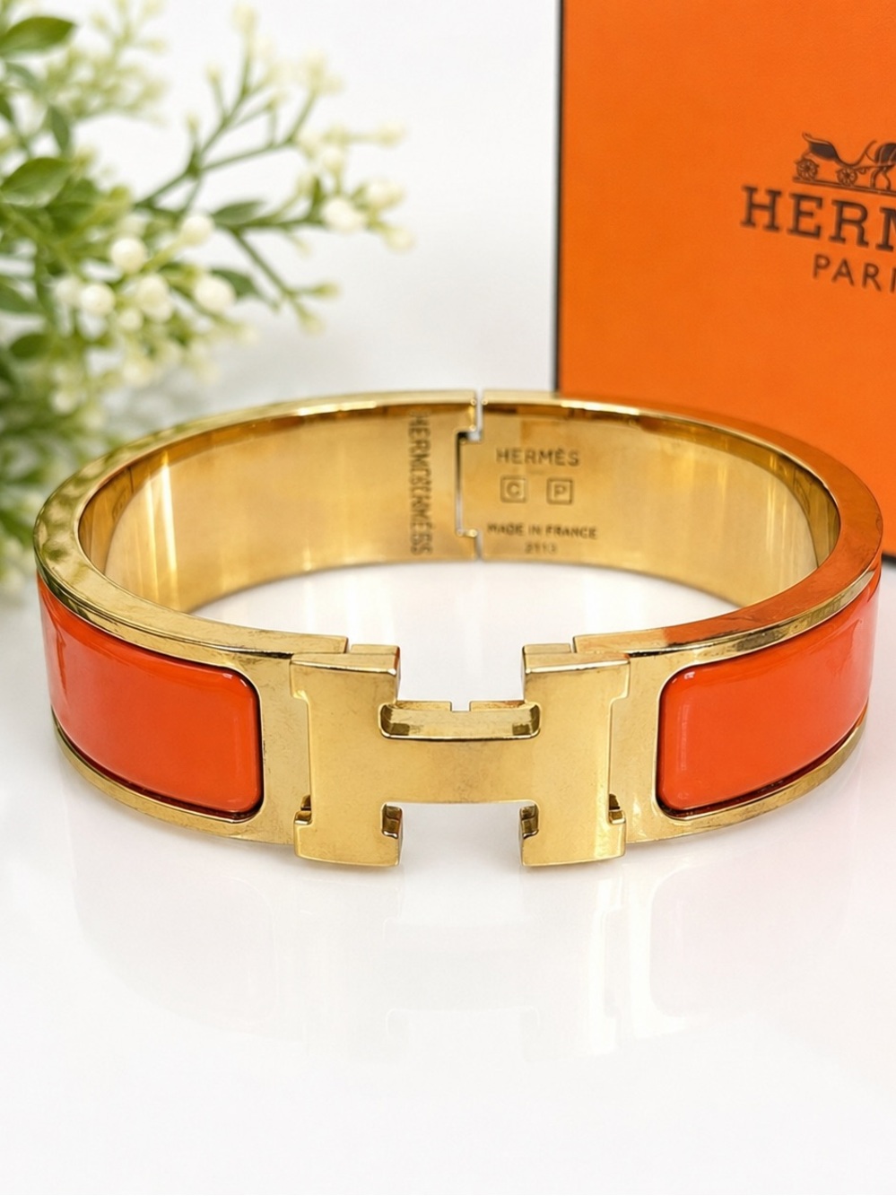 Hermès Clic H Orange Enamel Gold-Plated Bracelet PM 17 cm Made in France
